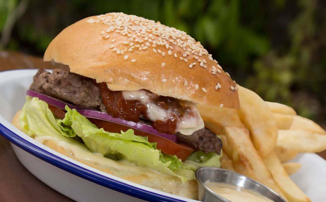 Enjoy Burgers, Pizza, Gluten Free Options, Vegetarian options, Dairy Free Options, Restaurant, Cocktail Bar, Indoor & Outdoor Seating, $$$, Craft Beer, Groups, Live music and Wine Bar cuisine at Lucky Finns Bar & Restaurant in Hamilton Central, Waikato